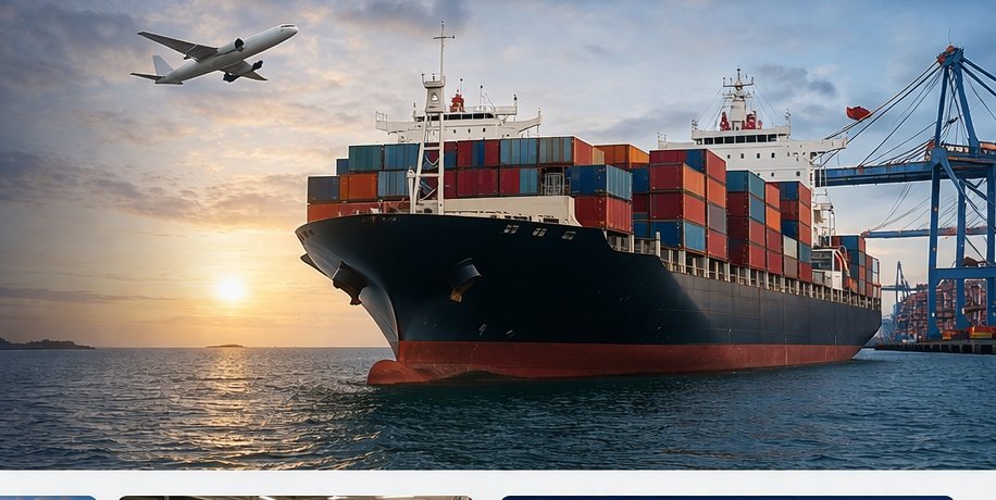 Cargo ship and airplane representing global logistics